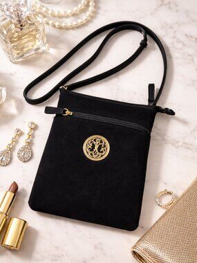 Black Velour Crossbody Bag Gold Medallion Western Boho Zip Purse